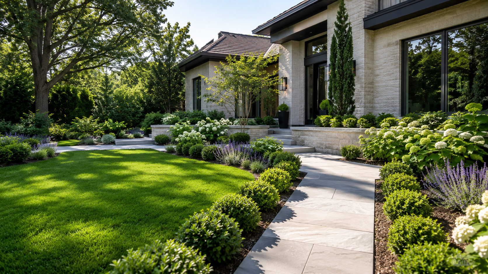 Modern home with landscaped front walkway