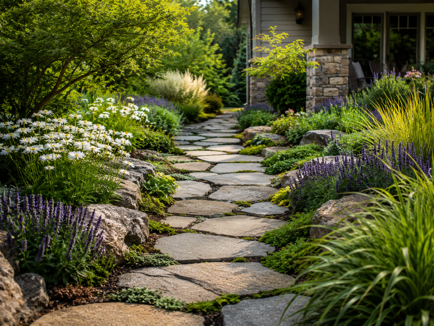 Stone garden path with lush plantings