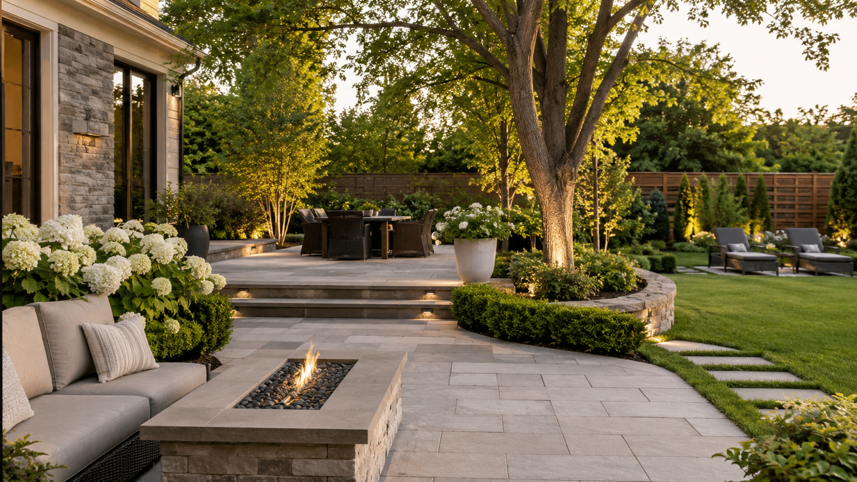 Warm landscaped backyard patio with seating and garden lighting